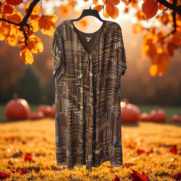 J.Jill Brown Geometric Print Short-Sleeve V-Neck Dress w Gathered Waist SZ 22W - Picture 1 of 11